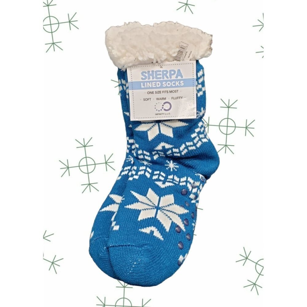 NWT Snowflake Slipper‎ Socks Sherpa Lined No Slip Grips Cushioned One Size Blue
